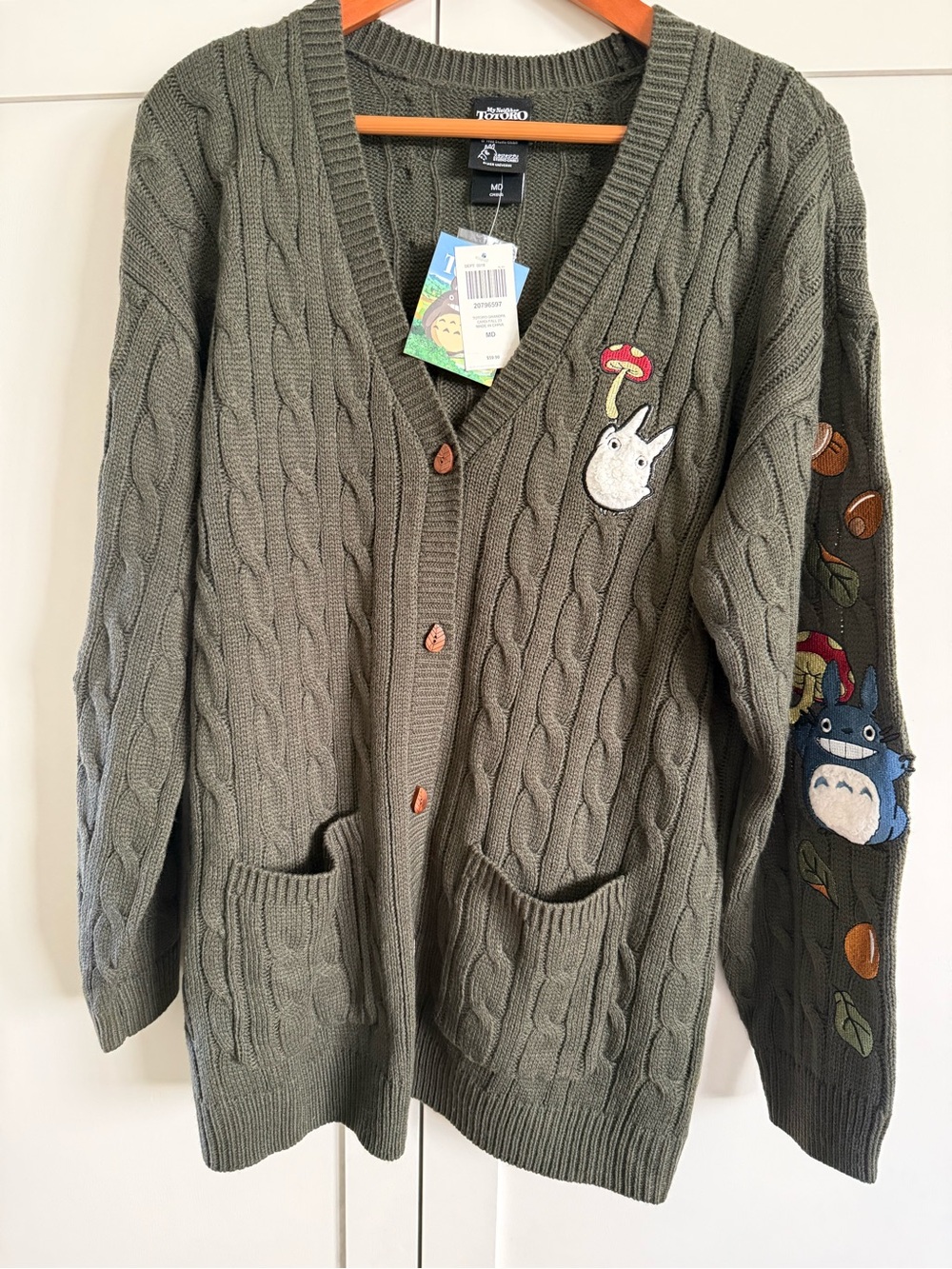 Studio Ghibli Olive Cable-Knit Totoro Embroidered Cardigan New